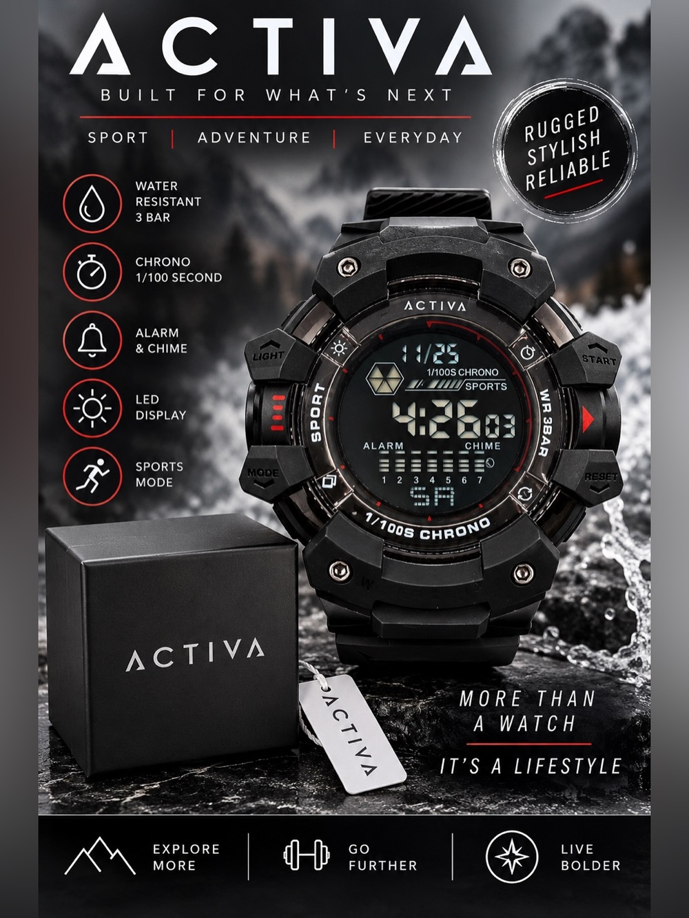 Ativa NWT Black Digital Sports Watch - Rugged LED Chrono